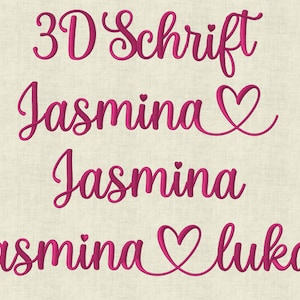May include: A digital embroidery design featuring the name "Jasmina" in a cursive font with a heart symbol. The design also includes the text "3D Schrift" and "Lukas" in a similar font.