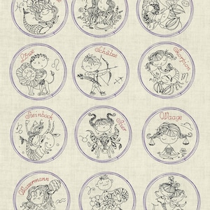 Könnte beinhalten: Ein Satz von 12 Schwarzweißillustrationen der Sternzeichen. Jedes Zeichen ist als Comicfigur mit einer einzigartigen Persönlichkeit dargestellt. Die Zeichen sind: Fische, Widder, Stier, Zwillinge, Krebs, Löwe, Jungfrau, Waage, Skorpion, Schütze, Steinbock und Wassermann.