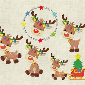 May include: Five embroidered reindeer with red noses and Christmas lights, one pulling a red sleigh with a green Christmas tree and presents.
