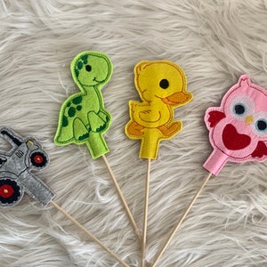 Embroidery file stick holder, topper, birthday, school enrollment, party, owl, dinosaur, duck, tractor Set 866