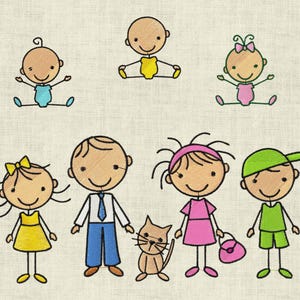 Embroidery file stick figure family 2 with cat set 196 machine embroidery