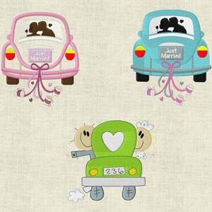 May include: Three cartoon cars decorated with wedding details. The first car is pink with a "Just Married" sign and a white heart. The second car is blue with a "Just Married" sign and a white heart. The third car is green with a white heart and the number "236" on the license plate.