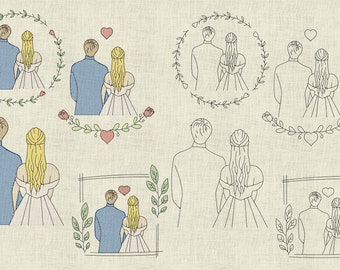 Stickdatei  Hochzeit * Wedding * Brautpaar, Line Art, Outline, Doodle Maschinenstickerei Set 949