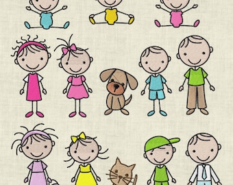 Embroidery file stick figure family 1 and 2 set with dog cat mom dad set 196 machine embroidery