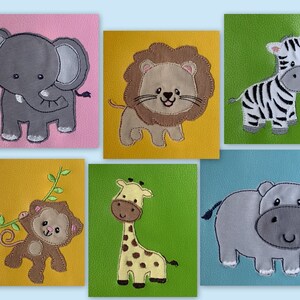 May include: Six colorful felt squares with embroidered animal designs. The animals include an elephant, lion, zebra, monkey, giraffe, and hippopotamus.