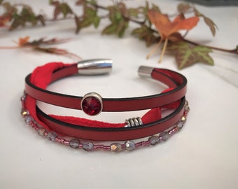 Leder und Seide Wickelarmband dunkel Rot