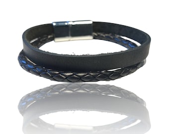 Bracelet en cuir noir avec fermoir magnétique en acier inoxydable