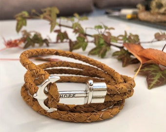 Bracelet wrap en liège naturel - collier maritime HOPE fermoir ancre