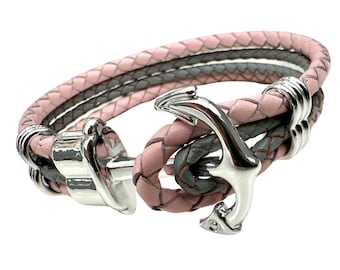 Bracelet en cuir avec fermoir ancre rose gris