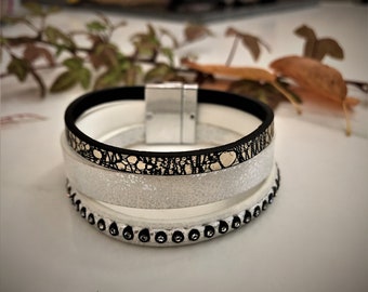 Kunstleder Armband Schwarz-Weiß mit Edestahl Magnet-Verschluß