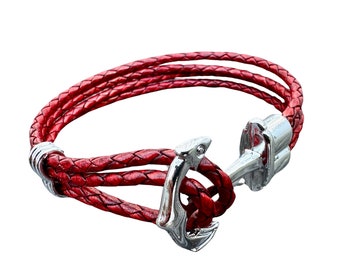 Bracelet en cuir avec fermoir ancre rouge foncé