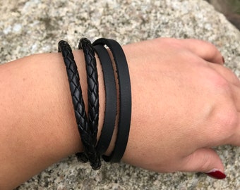 Bracelet en cuir noir avec fermoir magnétique en acier inoxydable