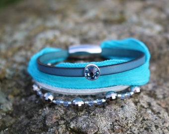 Leder und Seide Wickelarmband Blau