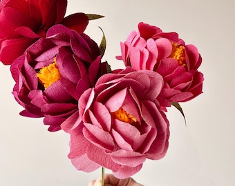 Flores de papel Peonía Erna, 3 flores de peonía mora-cereza