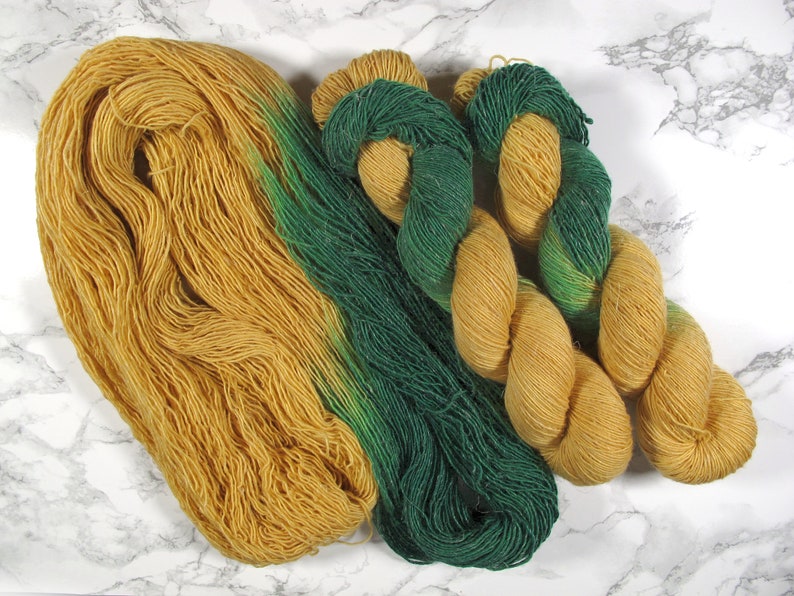 yarn set for 'Float' shawl, assigned pooling, hand dyed merino linen, single yarn, 3 skeins 100g/366m each, indie dyed yarn, merino linen image 1