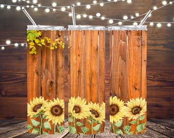Sunflowers Against Wooden Fence, 20 oz. Skinny Tumbler Wrap PNG