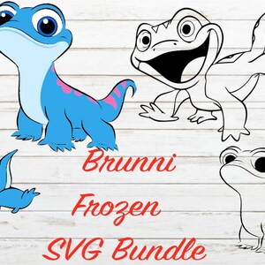 May include: A set of five digital cut files featuring Brunni the lizard from Disney's Frozen II. The files include a blue lizard with a pink flame, a blue lizard with a pink stripe, a blue lizard with a happy expression, a black and white outline of a lizard, and a blue lizard with a pink stripe surrounded by falling leaves.
