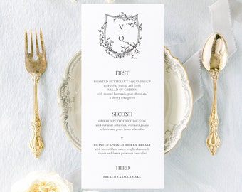 Printed Floral Crest Wedding Menu Card, Minimalist Calligraphy Wedding Menu, Monogram Reception Dinner Menu, Aurelie 2