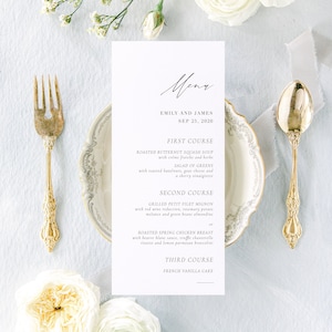 THE BLANCHE, Modernes Hochzeitsmenü, Gedruckte Hochzeits-Menükarte, Abend-Menükarte, Minimale Hochzeits-Menükarte, Hochzeitstisch-Menü, Einfache Hochzeit