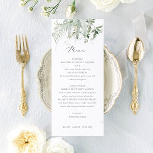 LE DÉLICAT, Menu de mariage moderne, Menu de mariage minimaliste, Mariage moderne romantique, Carte de menu verdure, Menu de mariage imprimé