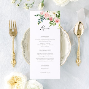 THE CÉLESTIN, Modernes Hochzeitsmenü, Florale Hochzeitsmenükarte, rosa Blumenmenükarte, bedruckte Hochzeitsmenükarte, Hochzeitsmenükarte gedruckt