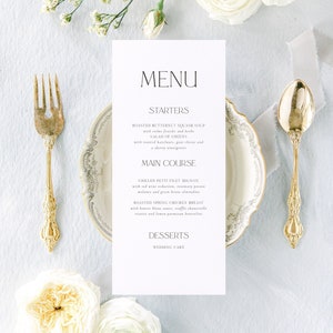 THE RÈVER, Modernes Hochzeitsmenü, Minimalistisches Hochzeitsmenü, Romantische Moderne Hochzeit, Abendkarte, Gedrucktes Hochzeitsmenü