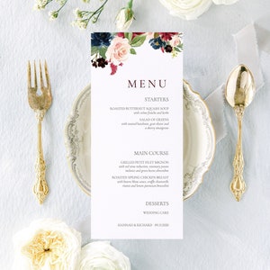 THE ROSALEA, menu de mariage moderne, menu de mariage floral, mariage moderne romantique, carte de menu rose, menu de mariage imprimé
