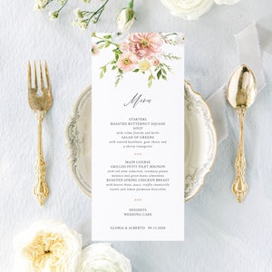 LA FLEUR, Hochzeitsmenükarte, Blumenhochzeitsmenükarte, rosa Blumenmenü, gedrucktes Hochzeitsmenü, minimale Hochzeitsmenükarte, Aquarellmenü