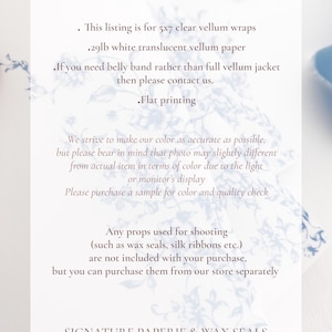 Prefolded Vellum Jacket For 5x7, Floral Vellum Paper, Wedding Invite Vellum Wrap, French Blue Toile Wedding Vellum Wrap, PRINTED Vellum Wrap