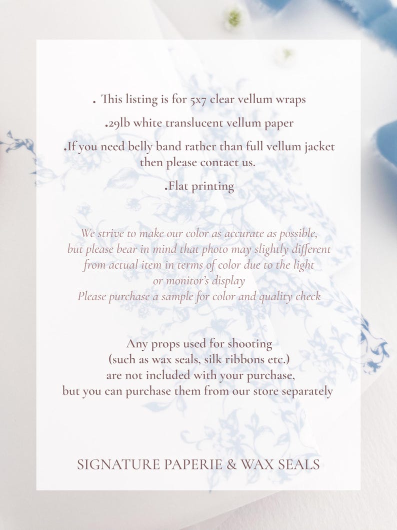 Prefolded Vellum Jacket For 5x7, Floral Vellum Paper, Wedding Invite Vellum Wrap, French Blue Toile Wedding Vellum Wrap, PRINTED Vellum Wrap