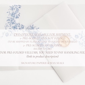 Prefolded Vellum Jacket For 5x7, Floral Vellum Paper, Wedding Invite Vellum Wrap, French Blue Toile Wedding Vellum Wrap, PRINTED Vellum Wrap