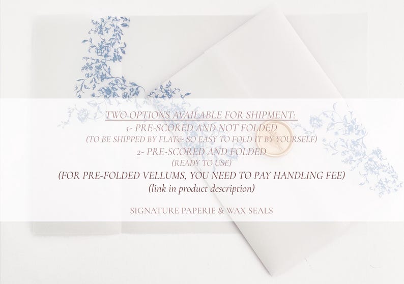 Prefolded Vellum Jacket For 5x7, Floral Vellum Paper, Wedding Invite Vellum Wrap, French Blue Toile Wedding Vellum Wrap, PRINTED Vellum Wrap