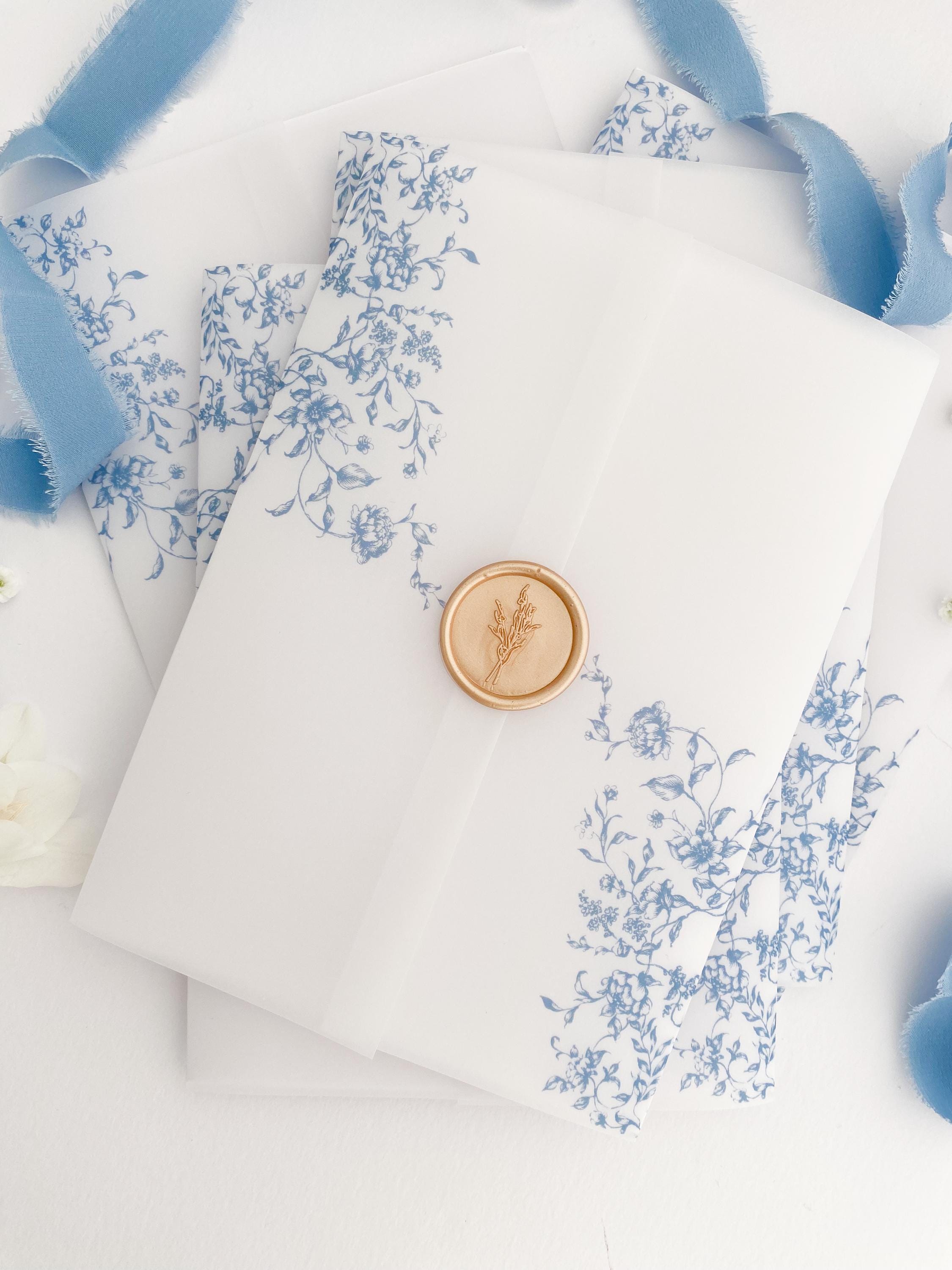 Prefolded Vellum Jacket For 5x7, Floral Vellum Paper, Wedding Invite Vellum Wrap, French Blue Toile Wedding Vellum Wrap, PRINTED Vellum Wrap