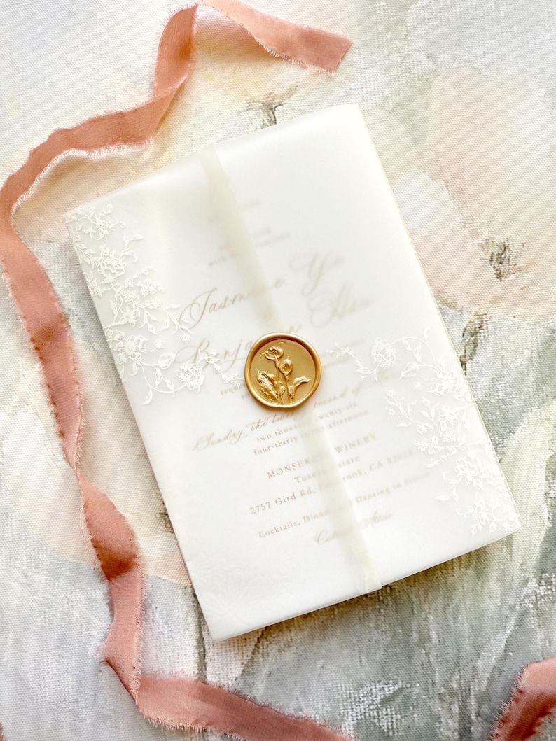 Prefolded Vellum Jacket For 5x7, Floral Vellum Paper, Wedding Invite Vellum Wrap, French Blue Toile Vellum Wrap, PRINTED Vellum Wrap, Eloise image 1