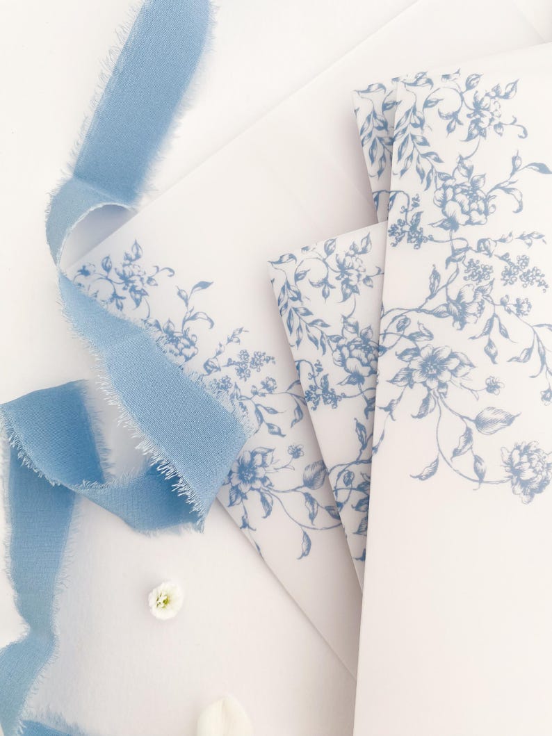 Prefolded Vellum Jacket For 5x7, Floral Vellum Paper, Wedding Invite Vellum Wrap, French Blue Toile Wedding Vellum Wrap, PRINTED Vellum Wrap