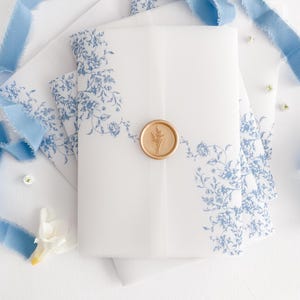 Prefolded Vellum Jacket For 5x7, Floral Vellum Paper, Wedding Invite Vellum Wrap, French Blue Toile Wedding Vellum Wrap, PRINTED Vellum Wrap