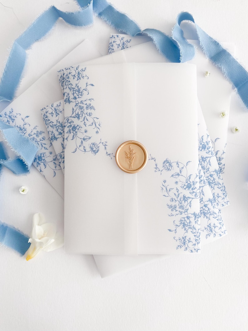 Prefolded Vellum Jacket For 5x7, Floral Vellum Paper, Wedding Invite Vellum Wrap, French Blue Toile Wedding Vellum Wrap, PRINTED Vellum Wrap