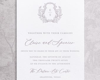 Luxury Letterpress Wedding Invitation Suite, Blind Embossed Floral Crest, Vivant