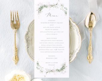 Printed Greenery Wedding Menu Card, Rustic Wedding Menu Cards, Delicate