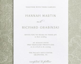 Modern Minimalist Letterpress Wedding Invitation, Blind Embossed Save The Date Cards, Deckled Edge Paper, Rever