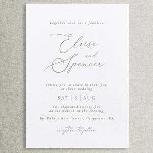 May include: A white wedding invitation with elegant script. The text reads "Eloise and Spencer" with the date "SAT 5 AUG" and the venue "The Palace Arts Center, Grapevine, TX". The invitation includes the phrase "reception to follow".