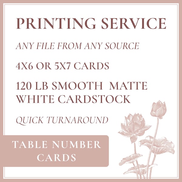 Print My Table Number Cards, Printing Service, Print My File From Another Etsy Shop, Professional Printing, Printed Table Number Card