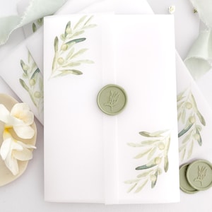 Prefolded Vellum Jacket For 5x7, Greenery Vellum Paper, Olive Branch Wedding Invite Vellum Wrap, Botanical Vellum Wrap, PRINTED Vellum Wrap