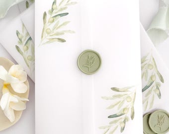 Prefolded Vellum Jacket For 5x7, Greenery Vellum Paper, Olive Branch Wedding Invite Vellum Wrap, Botanical Vellum Wrap, PRINTED Vellum Wrap