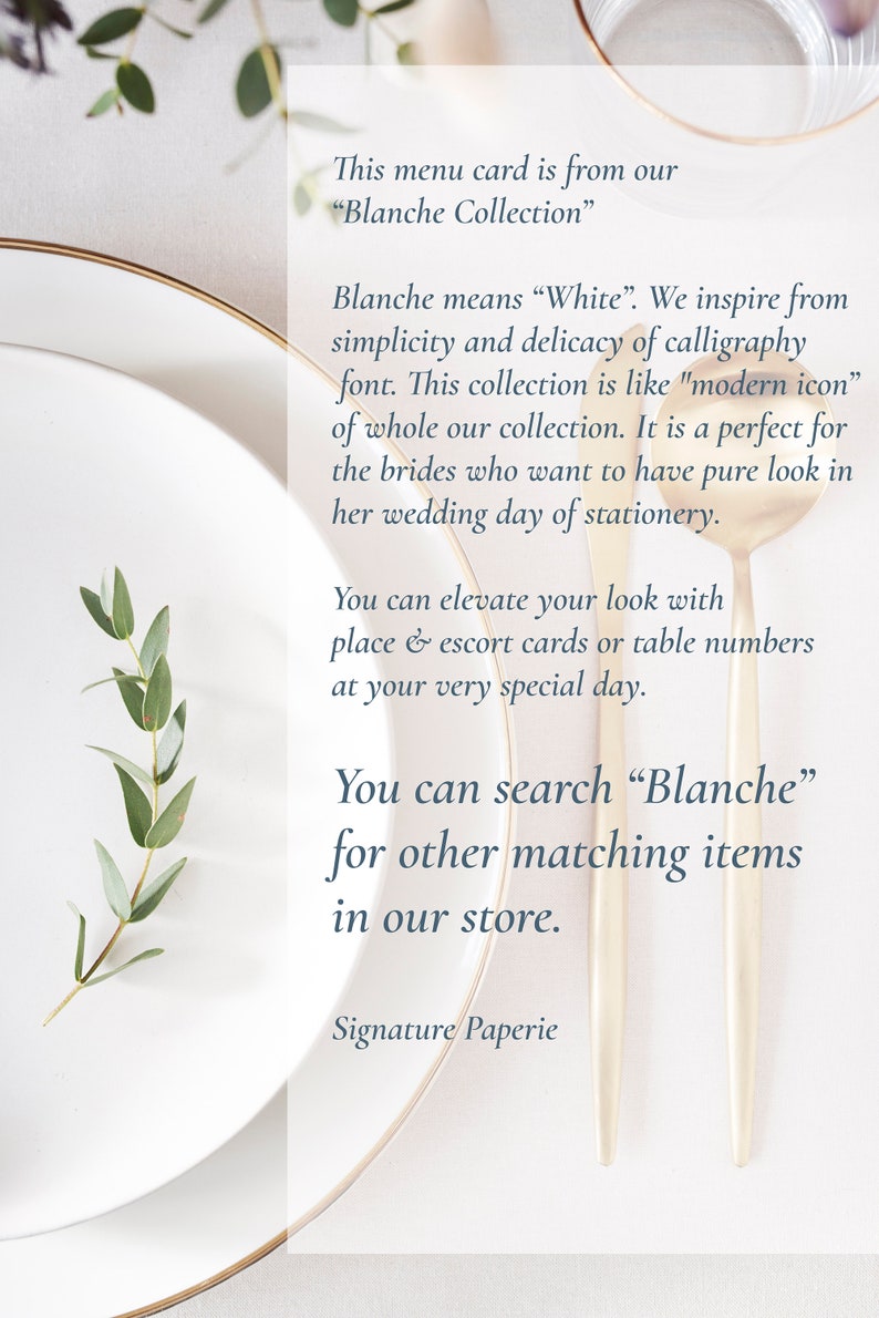 THE BLANCHE, Modern Wedding Menu, Printed Wedding Menu Card, Dinner Menu Card, Minimal Wedding Menu Card, Wedding Table Menu, Simple Wedding
