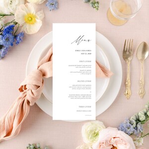 Tarjeta de menú de boda impresa, menú de boda moderno, menú de boda minimalista, menú de mesa de boda, menú de boda sencillo, menú personalizado, Blanche imagen 6