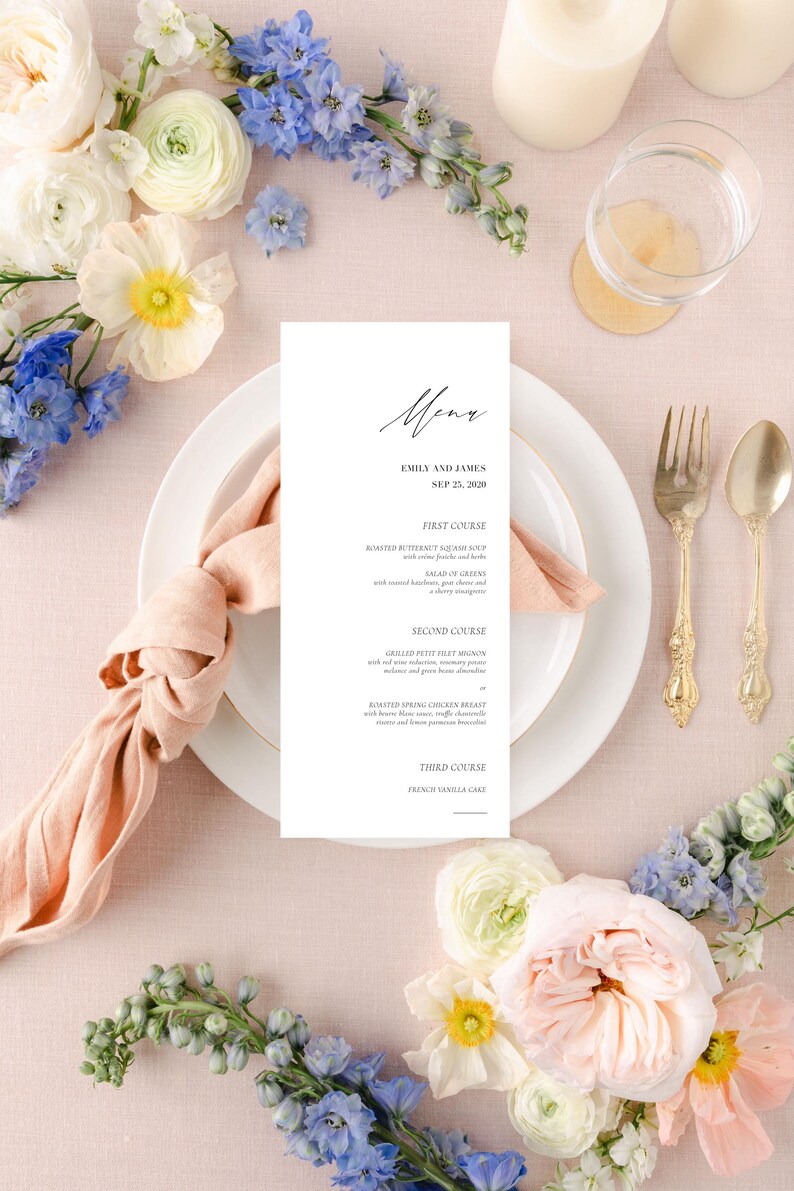 Tarjeta de menú de boda impresa, menú de boda moderno, menú de boda minimalista, menú de mesa de boda, menú de boda sencillo, menú personalizado, Blanche imagen 6