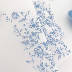 Prefolded Vellum Jacket For 5x7, Floral Vellum Paper, Wedding Invite Vellum Wrap, French Blue Toile Wedding Vellum Wrap, PRINTED Vellum Wrap