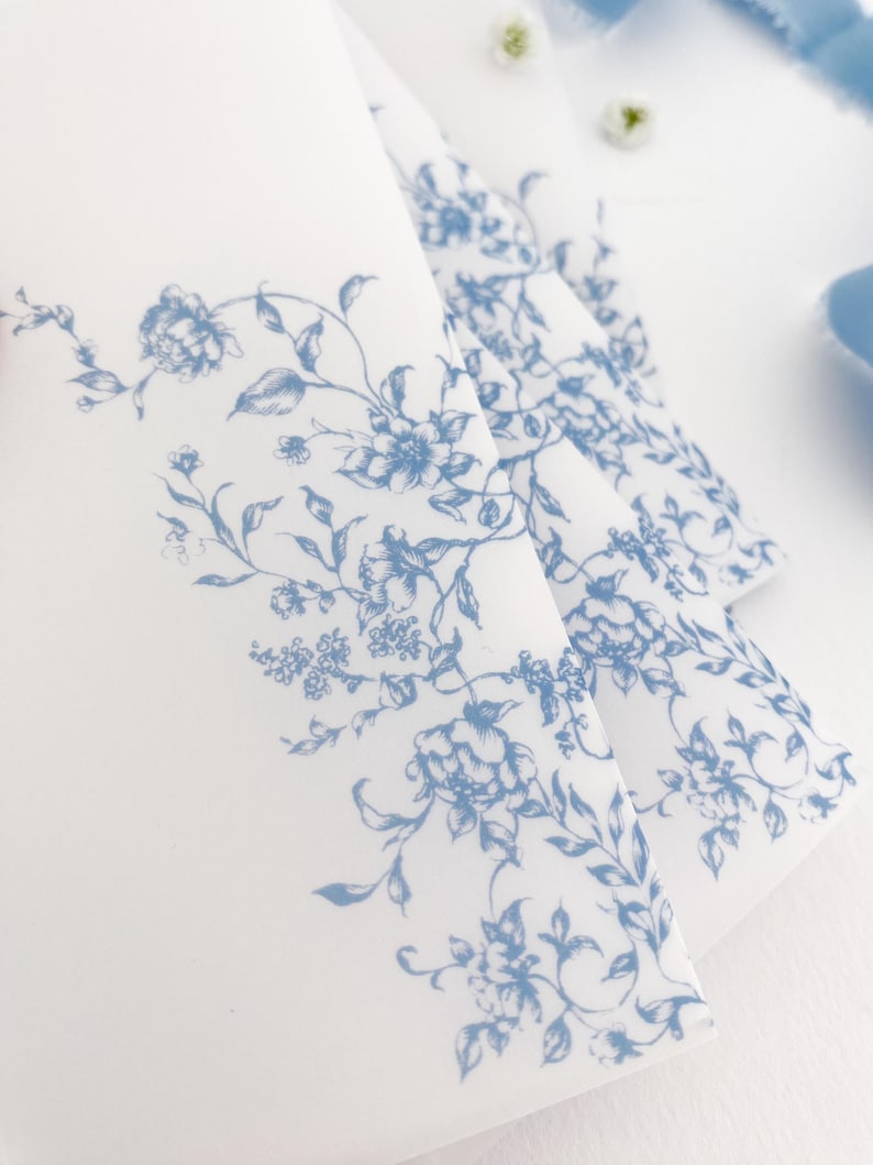 Prefolded Vellum Jacket For 5x7, Floral Vellum Paper, Wedding Invite Vellum Wrap, French Blue Toile Wedding Vellum Wrap, PRINTED Vellum Wrap
