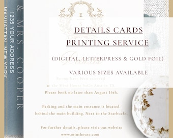 Pode incluir: Um cartão de detalhes retangular branco com detalhes em folha de ouro e texto escuro. O cartão apresenta o texto DETAILS CARDS PRINTING SERVICE (DIGITAL, LETTERPRESS & GOLD FOIL) VARIOUS SIZES AVAILABLE. Está sobreposto a papelaria azul e branca.